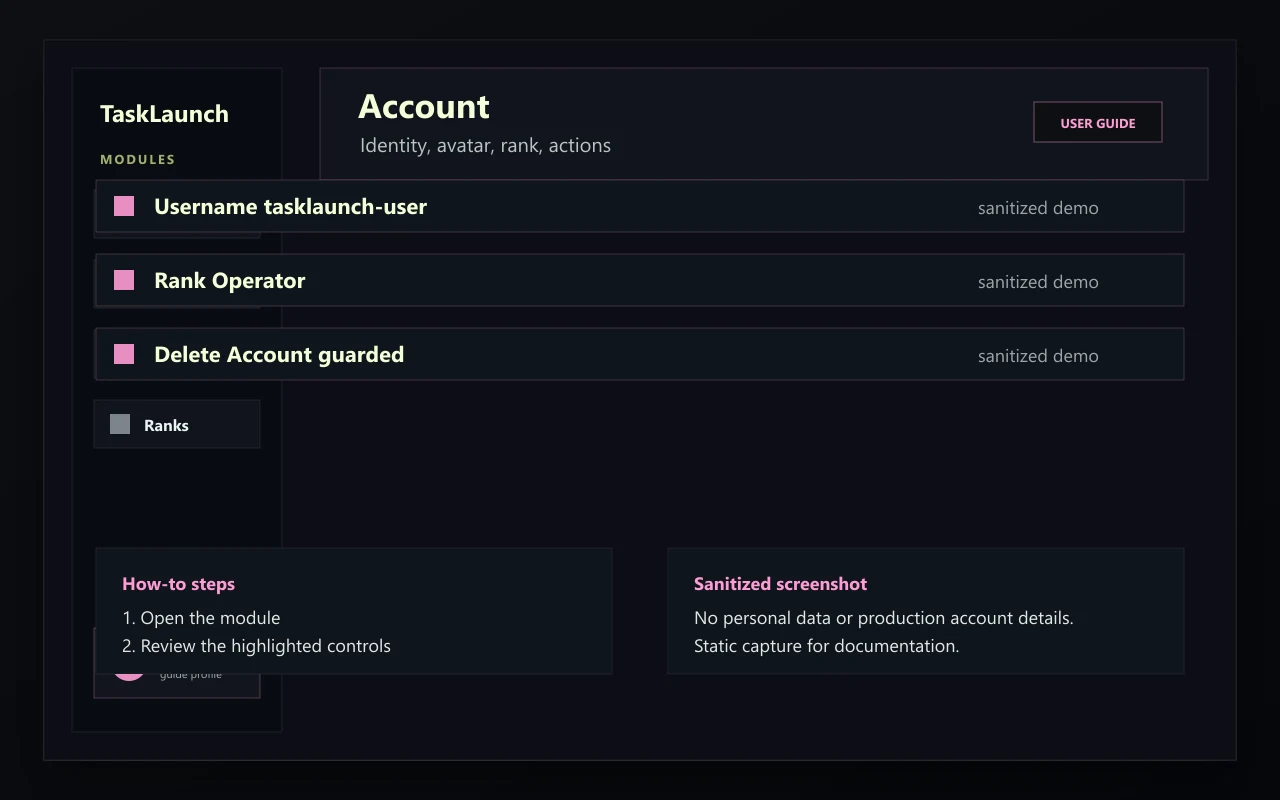 Sanitized TaskLaunch Account screenshot showing profile identity, XP, rank, and account actions.