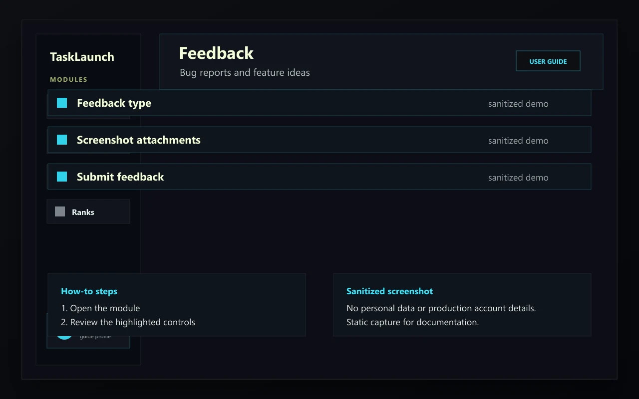 Sanitized TaskLaunch Feedback screenshot showing feedback form fields and submission controls.
