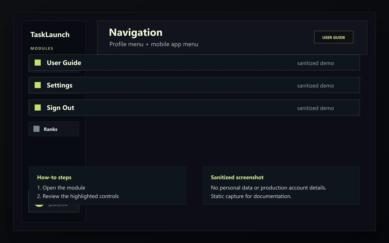 Sanitized TaskLaunch navigation screenshot showing module links and the profile menu.