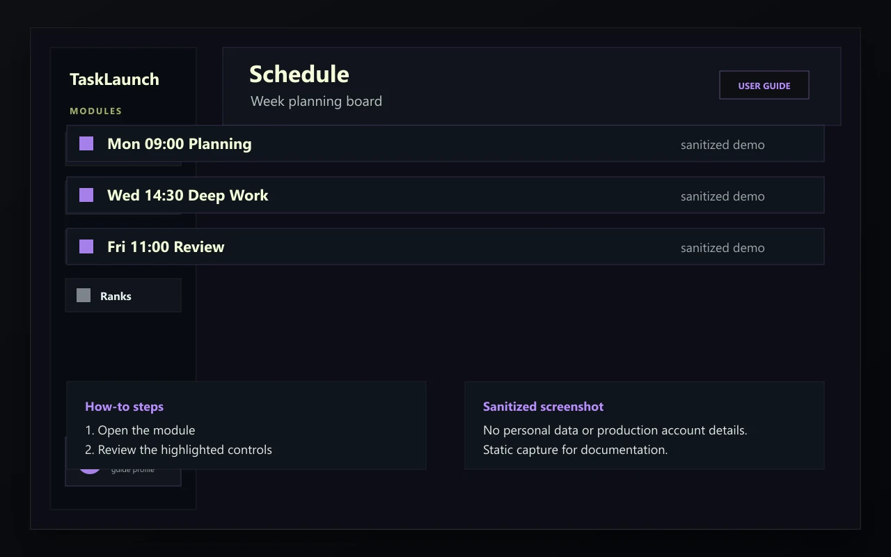 Sanitized TaskLaunch Schedule screenshot showing a weekly task planning board.