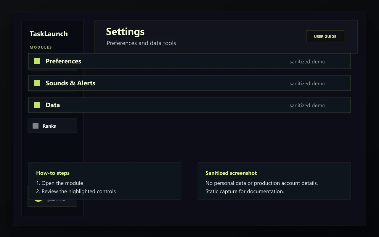 Sanitized TaskLaunch Settings screenshot showing settings modules and preferences.