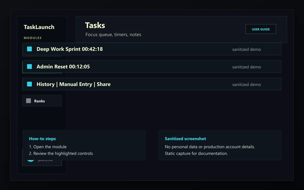 Sanitized TaskLaunch Tasks screenshot showing task cards, timers, and task actions.
